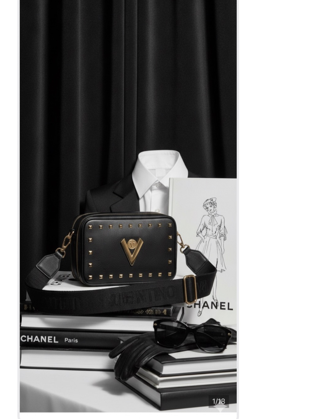 NWT Valentino Orlandi Black Gold Studded Crossbody Camera Bag Purse V Logo